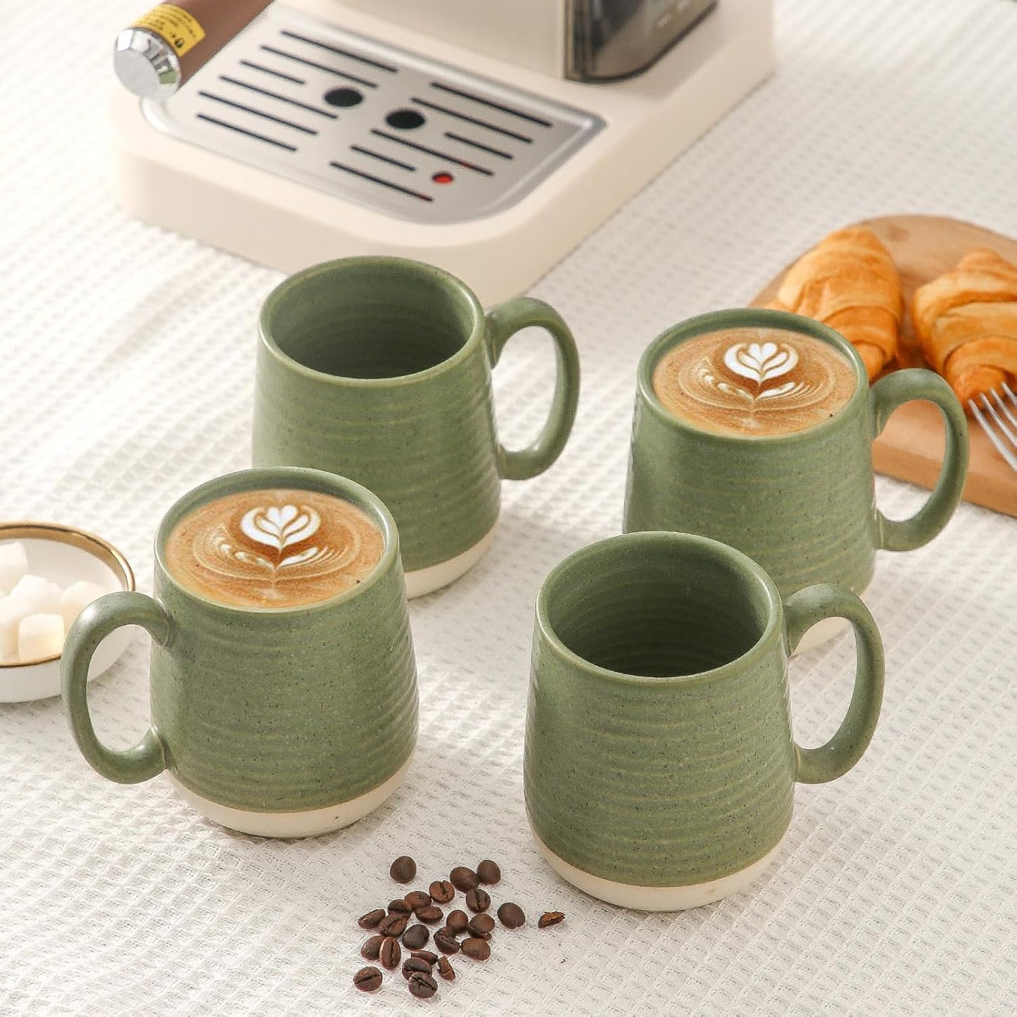 Large Ceramic Coffee Mugs Set - 15 OZ Porcelain Coffee Latte Cups Set of 4 with Handle Perfect for Cappuccino, Tea, Mocha, Hot or Cold Drinks, Unique Glaze Design for Home, Cafe and Coffee Bar, Green