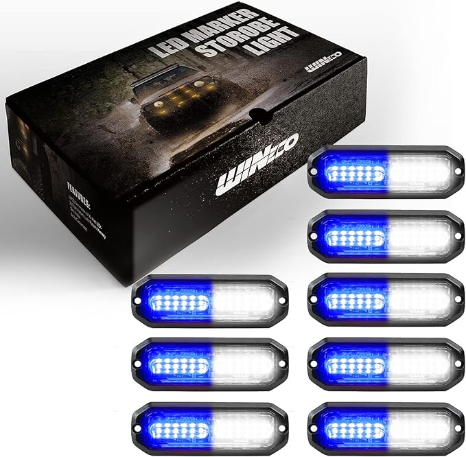 WINECO Blue/White 8pcs Ultra Slim LED Emergency Strobe Police Lights, Surface Mount Grill Grille Hazard Safty Warning Flashing Light for Volunteer Trucks Vehicles