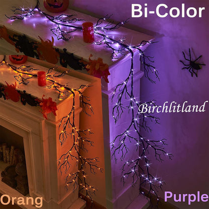 Birchlitland Halloween Lighted Garland 6FT 120L Orange and Purple Bi-Color LED Lights 8 Functions, Black Glittered Garland Lights Battery Operated for Indoor and Outdoor Halloween Party Decoration