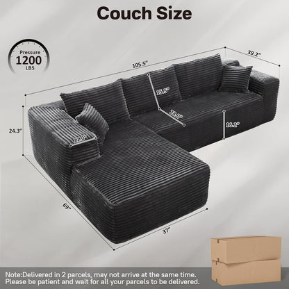104" Cloudy Sectional L Shaped Couch for Living Room, No Assembly Required, Modular Comfy Sofa with Deep Seat, Fluffy Couch with Sleeper Chaise for Apartment Lounge (Grey)
