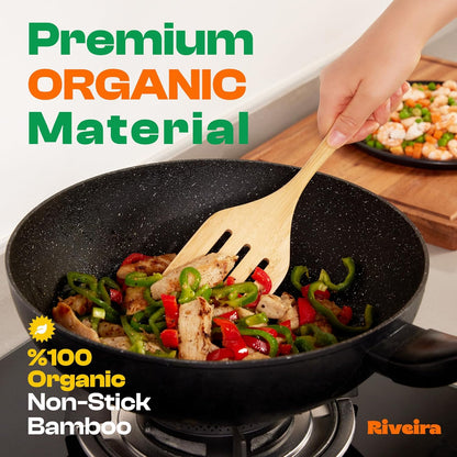 Riveira Natural Bamboo Wooden Cooking Utensils Set of 9 Premium Quality Non-Toxic Wooden Spoons and Spatulas for Cooking