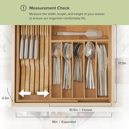 Premium Silverware, Flatware and Utensil Organizer for Kitchen Drawers, Food-Safe Contract Grade, Expandable from 10.5 to 19 In, Natural Bamboo
