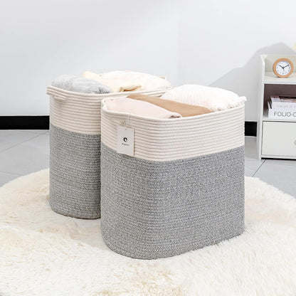 Storage Baskets for Clothes Fabric Cotton Rope Storage Basket with Handles, Decorative Woven Basket for Living Room,Closet Organizer Blankets, and 2bags (Silver Gray, L17.8×W12.5×H17.9)