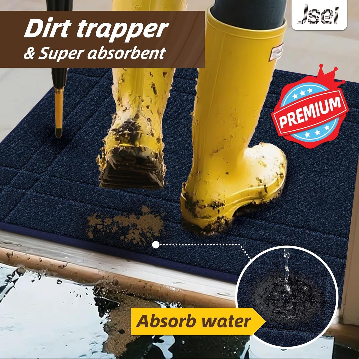 JSEI Entryway Rugs Doormat 32"x48", Non-Slip Dirt Trapper Door Mats Indoor, Washable Absorbent and Stain Resist Welcome Floor Mat for Front Door, Dog Door Mat, Muddy Wet Shoes & Paws, Navy Blue