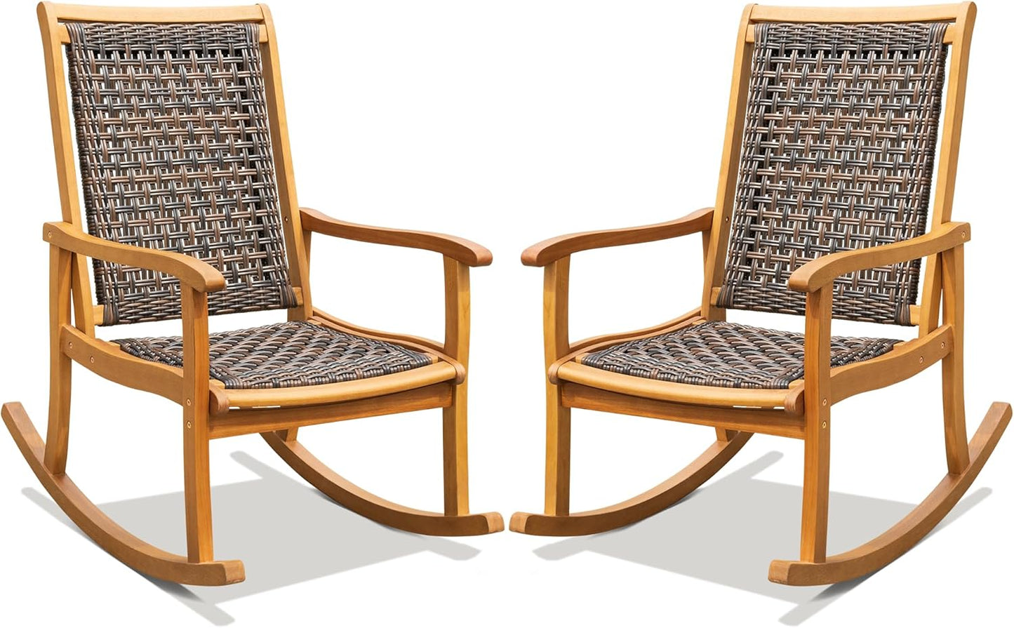 Idzo Wood Wicker Rocking Chair, 400 lbs Capacity, Durable Eucalyptus Wood, Natural Finish, Comfortable Curvy Design, Ideal for Deck, Patio Furniture, Teak Outdoor Furniture, Set of 2