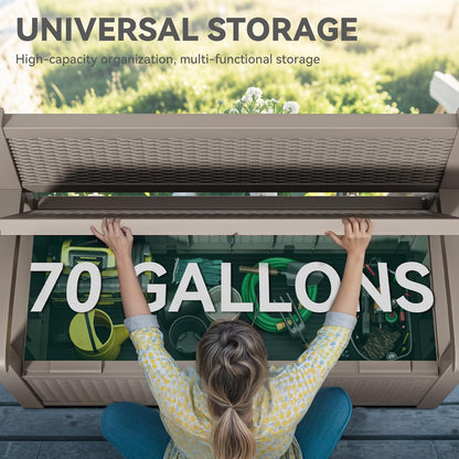 YITAHOME 70 Gallon Deck Bench with Storage, Outdoor Storage Box Bench with Armrests for Patio Garden Pool Porch, Waterproof&Lockable, Light Brown