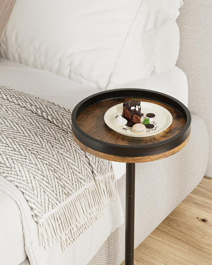 Masupu Drink Table, Round Side Table for Small Spaces, Pedestal Small End Table with Metal Base, for Living Room, Bedroom, Bathroom, Rustic Brown+Black(Lip)