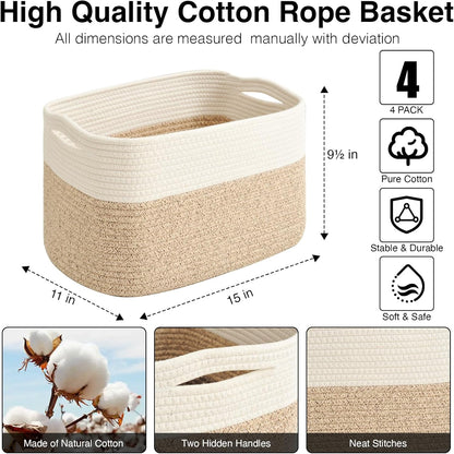 Storage Baskets for Organizing & Shelves, Woven Cotton Rope Organization Bins for Dog Toys, Clothes, Books, Nursery Organizer, 15" Lx11''Wx9.5''H, (4 Packs) Off White & Brown