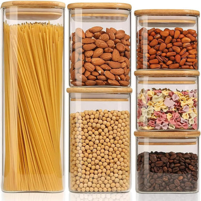 ComSaf Food Storage Containers with Airtight Lids Set of 6, Clear Glass Canister Food Jar with Sealing Lid Kitchen Pantry Storage Container for Spaghetti Pasta Sugar Flour Oat Cereal Beans, Square