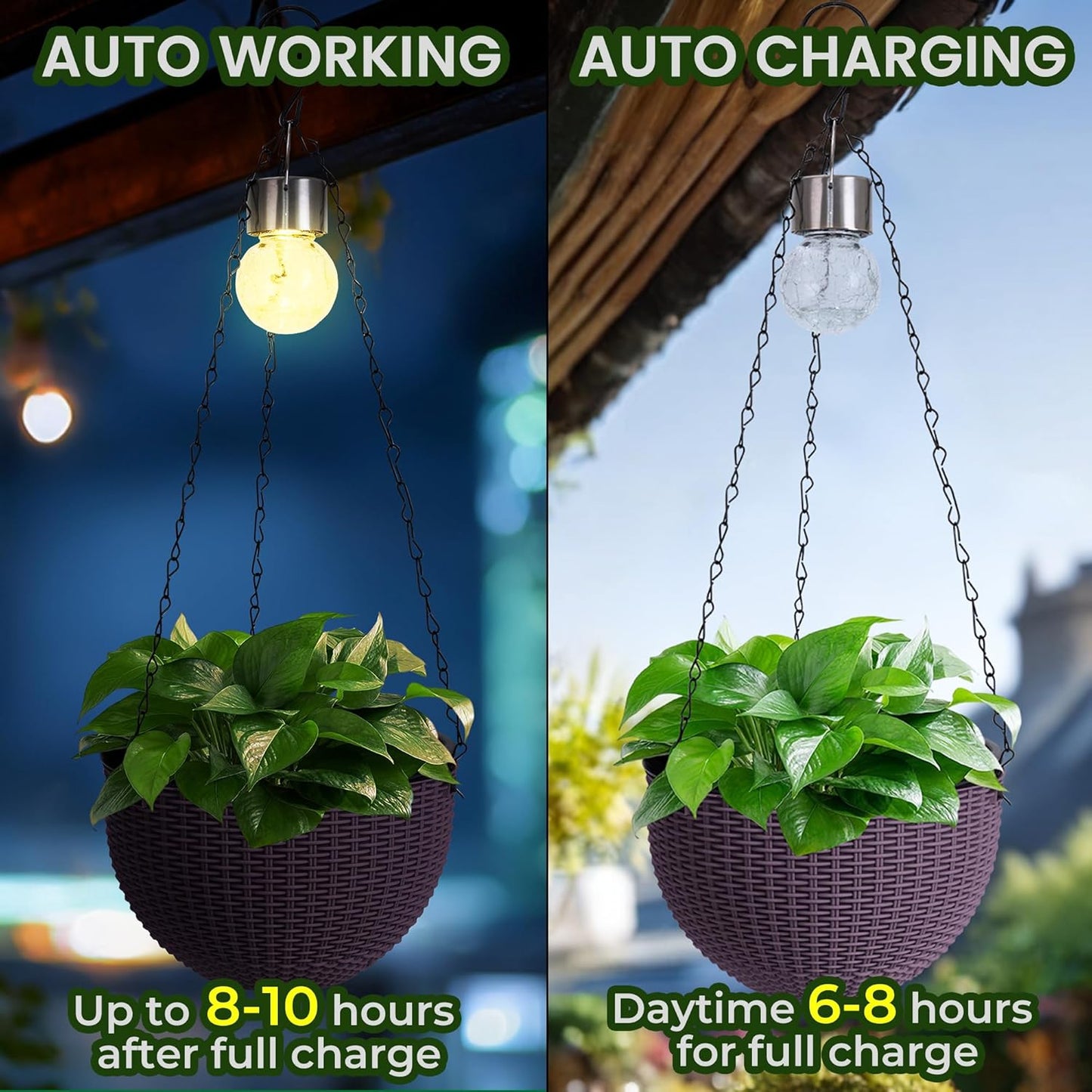 Hanging Planters for Outdoor Plants,2 Pack Coffee Artificial Rattan Solar Hanging Baskets with Drainage Holes & Removable Tray,Hanging Flower Pots Gardening Gifts for Women/Mothers