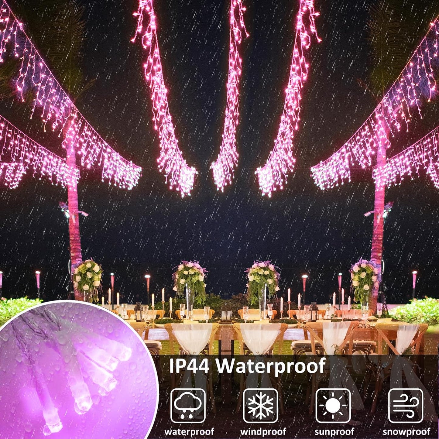 Icicle Lights for Outside, 33FT 400 LED Christmas Lights Outdoor Indoor with 8 Modes 75 Drops, Waterproof Plug in Curtain Twinkle String Light for Home Roof Yard Window Patry Wedding Decor, Pink