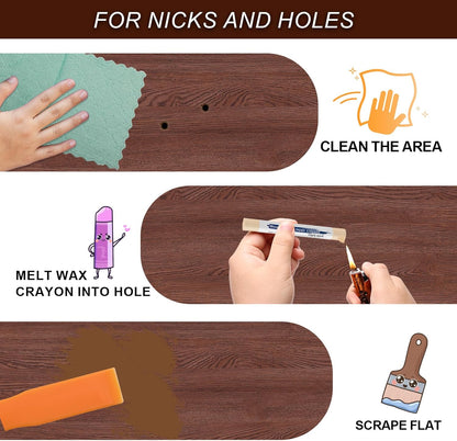 Wood Filler Sticks with 1P Box, 1P Knife, 1P Scraper and 1P Rag, Pletpet 10 Colors Furniture Crayon Touch Up Wood Filler Nail Hole Wax Sticks for Repairing Scratches and Nail Holes (10p)