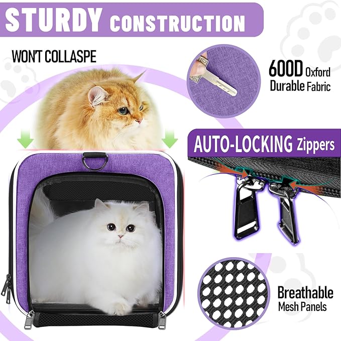 Pet Carrier for Large Cat 20 lbs+ / Soft Sided Small Dog 12 Pounds Travel Crate Top Load/Collapsible Kitty Carry Bag Big Kitten Mesh/Sturdy Animal Transport cage Kennel Long Trips Purple