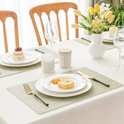 Romanstile Vinyl Placemats Set of 4-12 X 18 Inch - Heat Resistant Place Mats 100% Waterproof Oilproof Wipeable Reversible Faux Leather Table Mats for Kitchen/Dining/Party/Outdoor, Grass Green