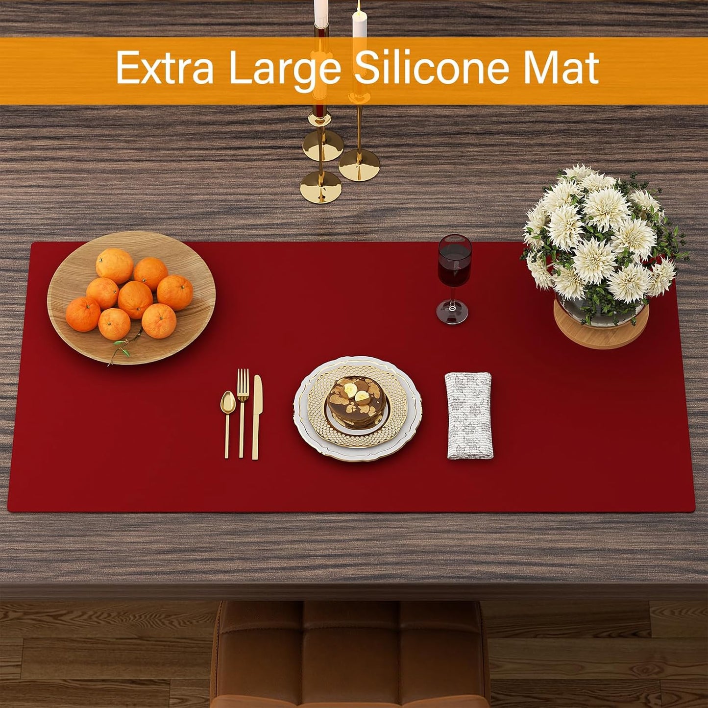 Quality Silicone Table Mat 47x24 Inch - High Heat Resistant (Lab Tested 482°F), Non-Slip Oil-Resistant Surface for Baking & DIY | Waterproof & Easy Clean (Red)