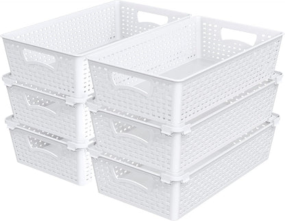Simple Houseware Plastic Stackable Storage Basket Pantry Organizer, 6 Pack, 14.5" x 8.5" x 3.5", White