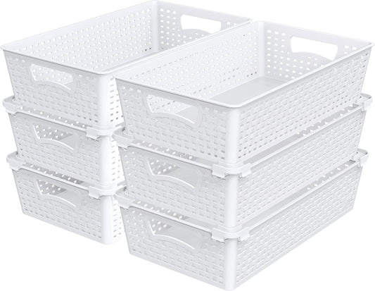 Simple Houseware Plastic Stackable Storage Basket Pantry Organizer, 6 Pack, 14.5" x 8.5" x 3.5", White