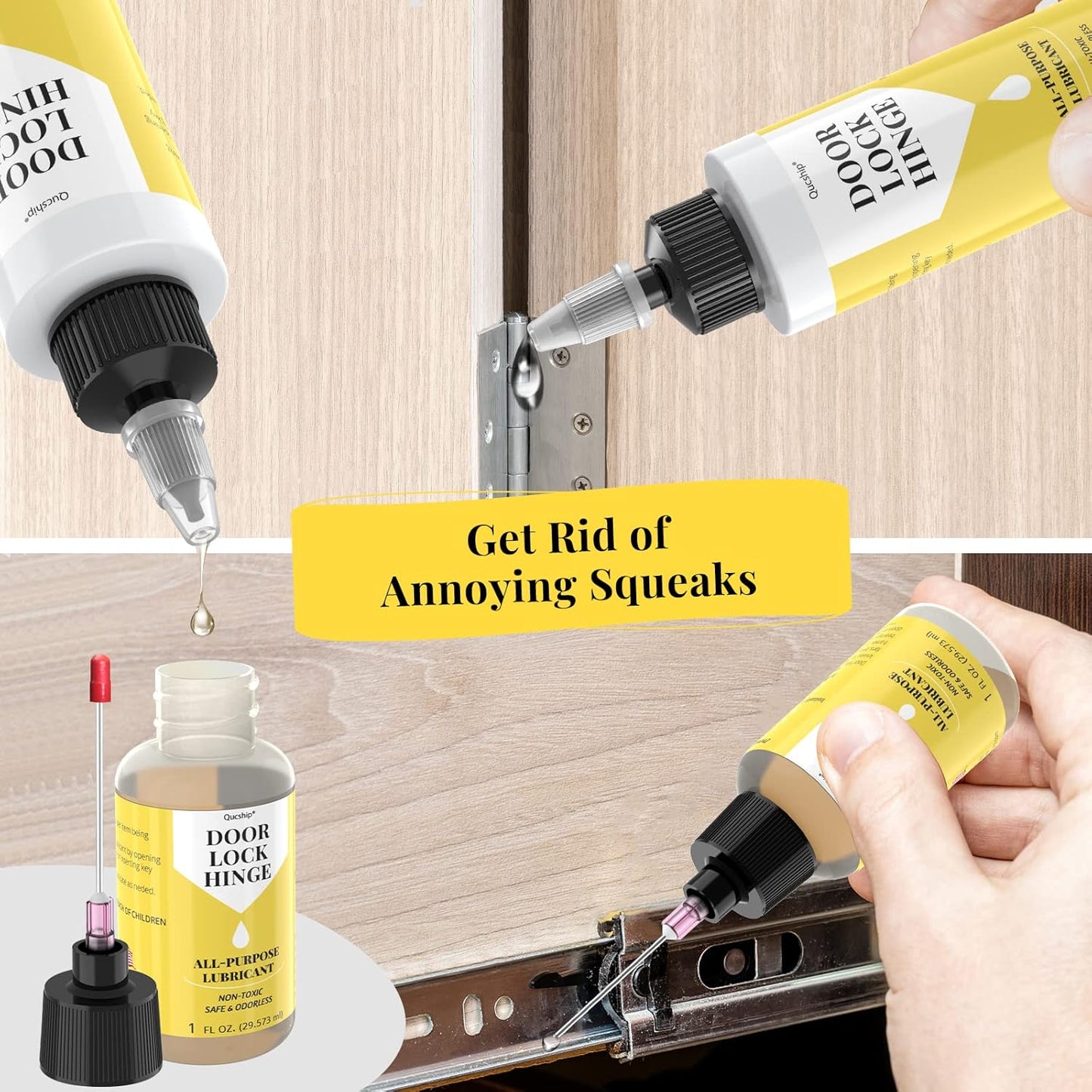 Qucship Upgraded Squeaky Hinge & Lock Lubricant Kit - 4 oz + 1 oz Needle Combo, Long-Lasting for Doors, Tools, Bicycles