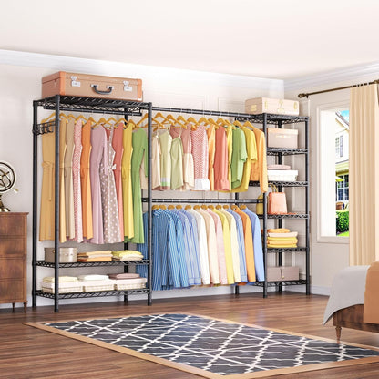 Expandable Heavy Duty Garment Rack Clothes Rack,Large Metal Closet Organizer System Storage Wardrobe,Freestanding Clothing Rack with 9 Adjustable Wire Shelves&3 Hang Rods,MaxLoad 1500lbs