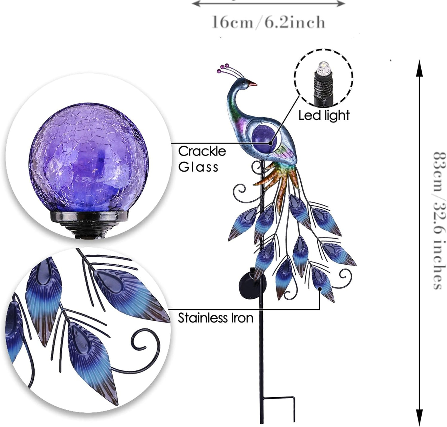 TERESA'S COLLECTIONS Solar Garden Lights Outdoor Garden Decor, Metal Peacock Decorations for Yard, 33'' Purple Decorative Garden Stake for Outside with Crackle Glass Ball, Lawn Party Gifts for Mom