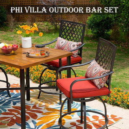 PHI VILLA 36"X36" Outdoor Metal Counter Height Table with 1.57" Umbrella Hole, Square Table with Teakwood-Brown Table Top and Black Table Legs for Outdoor and Indoor