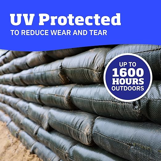 DURASACK Heavy Duty Sand Bags with Tie Strings Empty Woven Polypropylene Sand-Bags for Flood Control with 1600 Hours of UV Protection, 50 lbs Capacity, 14x26 inches, Green, Pack of 10