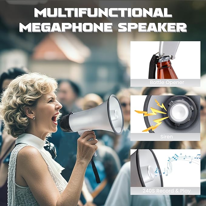 MyMealivos Portable Megaphone Bullhorn 20 Watt Power Megaphone Speaker Voice and Siren/Alarm Modes with Volume Control and Strap (Silver)…