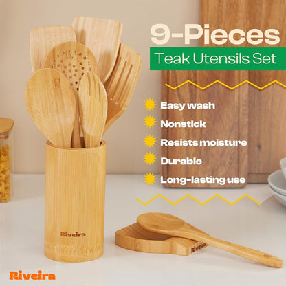 Riveira Natural Bamboo Wooden Cooking Utensils Set of 9 Premium Quality Non-Toxic Wooden Spoons and Spatulas for Cooking