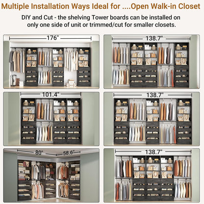 Aheaplus Closet System Set of 3, 138.5" Wood Closet Organizer System Tower with 12 Drawers & 4 Hanging Rods, 6.7+4.85Ft L Shaped Walk-in Closets Wardrobe Organizer Garment Rack with Shelves, Black Oak