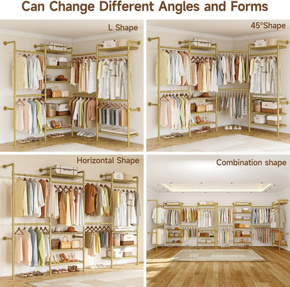 ONBRILL L4 Wall Mounted Industrial Pipe Clothing Rack, Closet Organizer System with 6 Hanging Clothes Rods ( 4 Expandable Rods) & 8 Shelves, Heavy Duty Corner Garment Rack, Large Wardrobe - Gold