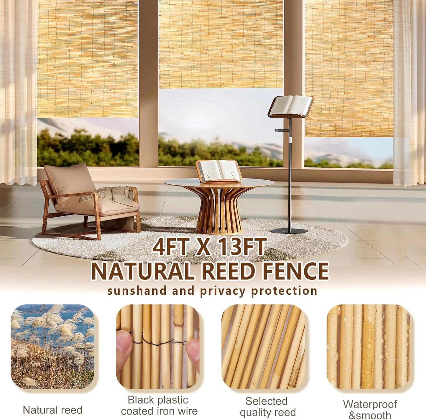 Natural Reed Fencing, Reed Screen Curtain Eco-Friendly for Garden,Balcony,Outdoor,Backyard Patio Decors Fence Rolls-4FT x 13FT （1.2m x 4m Approx）