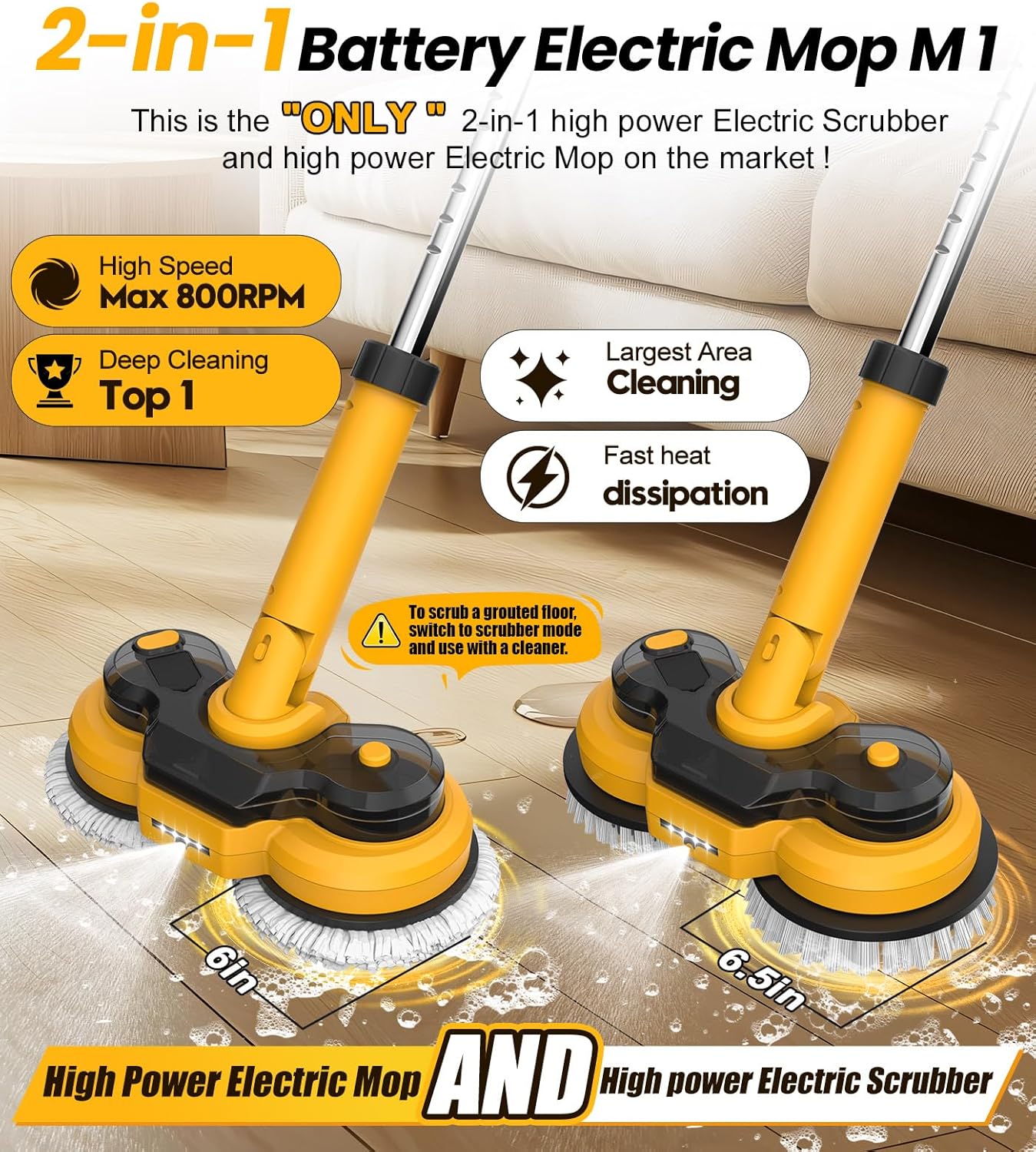 qimedo 6000mAh Battery Electric Mop M1, 800RPM Cordless Electric Power Scrubber & Mops for Floor Cleaning, Best Automatic Spin Mops with Smart Display,Rotating Mop with LED Light & Water Spray