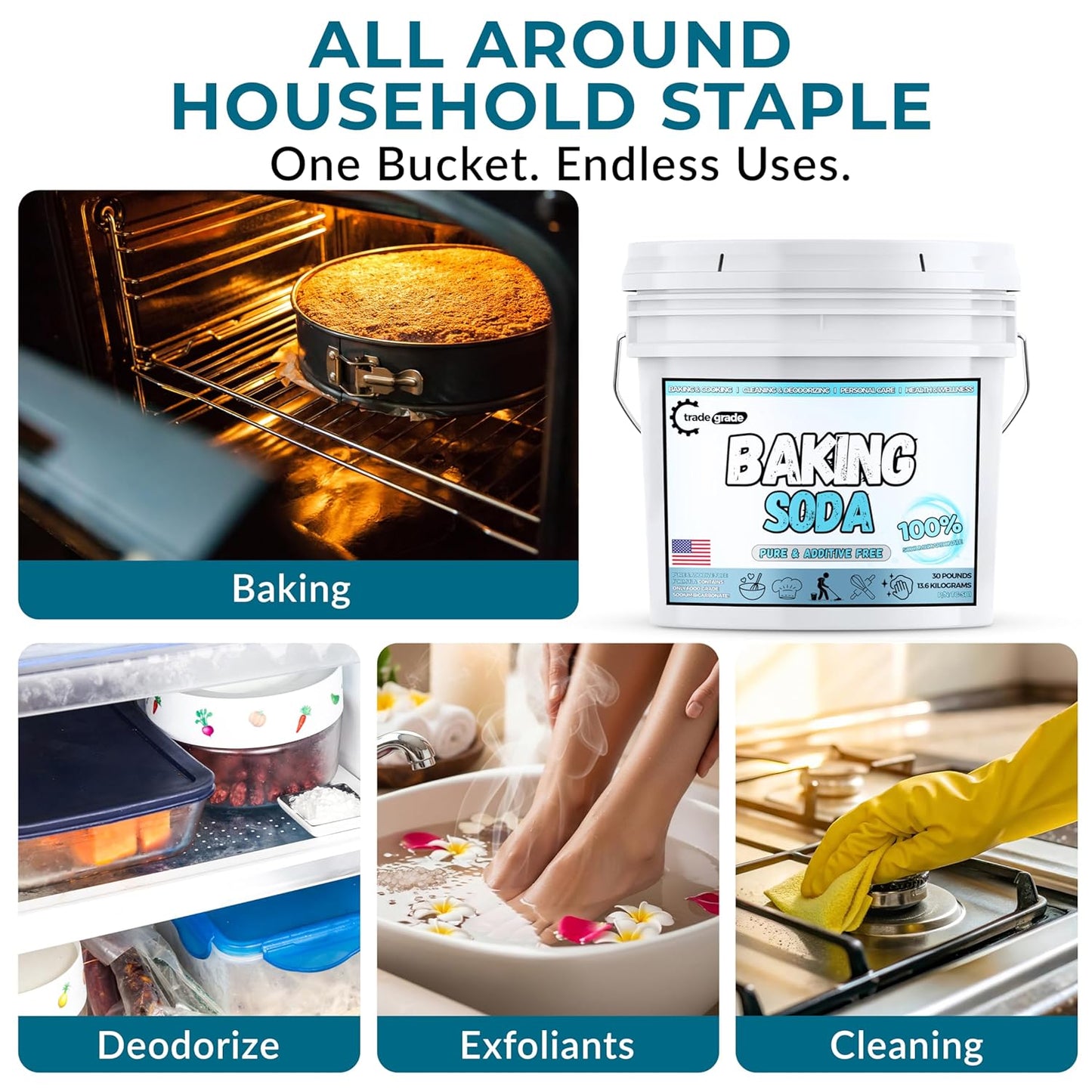 TradeGrade Pure Baking Soda Powder – 30 lb Bucket, Sodium Bicarbonate Powder | Premium Food-Grade for Baking, Bread, Cookies & More | Baking Soda for Cleaning, Natural Cleaner & Deodorizer