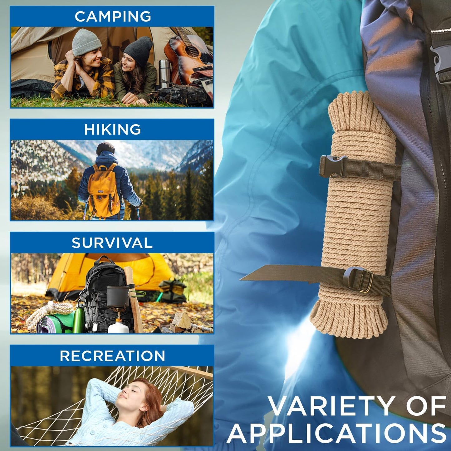 TECEUM Cotton Rope 3/16” (5 mm) – 100 FT – Strong All-Purpose Braided Rope – Natural Cotton – for Crafting, Сamping, Clothes Line, DIY, Indoor & Outdoor Use – Beige