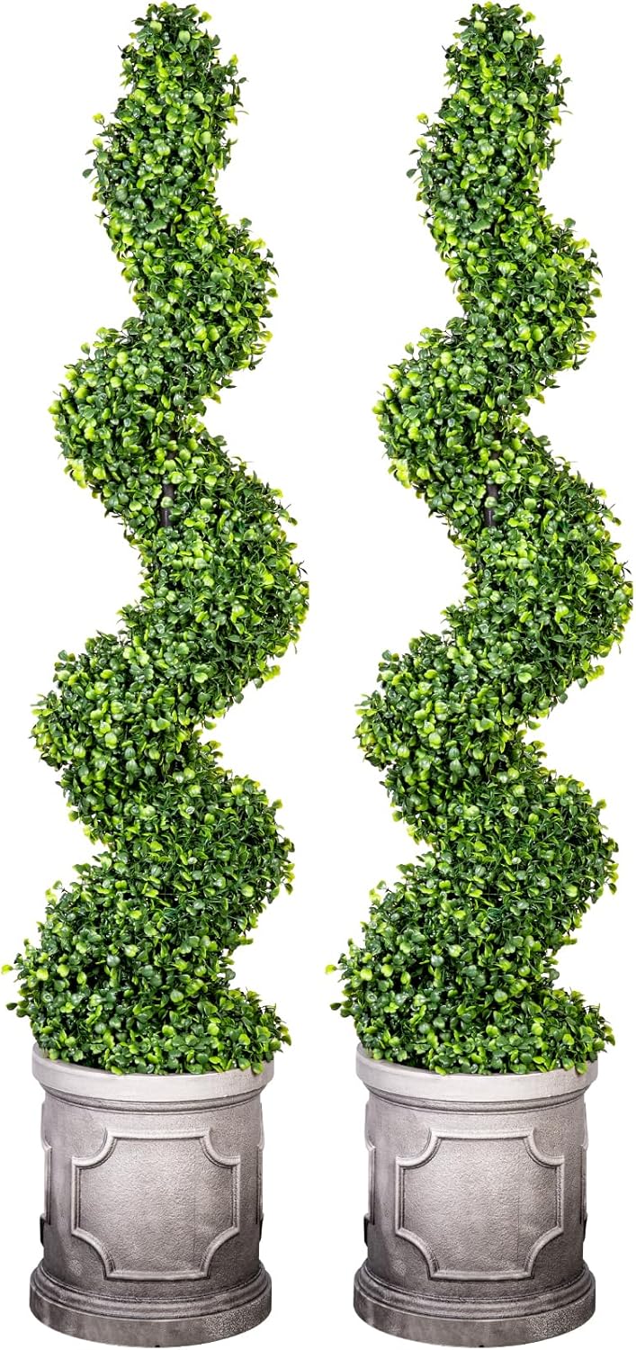 4FT Artificial Spiral Boxwood Topiary Trees with Antique-White Roman-Style Planter - Outdoor&Indoor Year-Round Garden, Porch, Entryway Decor (2 Pack)