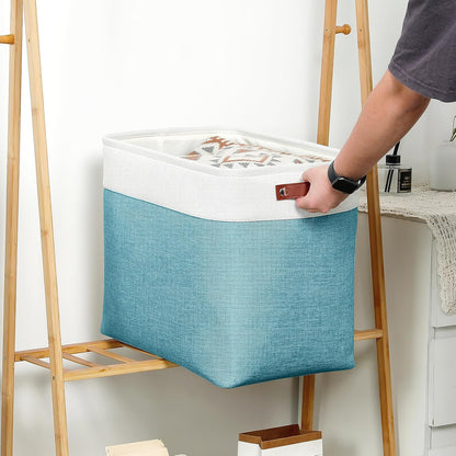 DULLEMELO Extra Large Storage Baskets, Fabric Storage Bins for Organizing Shelves Nursery Toys Books, Closet Baskets and Bins with Handles, White&Teal, 2-Pack