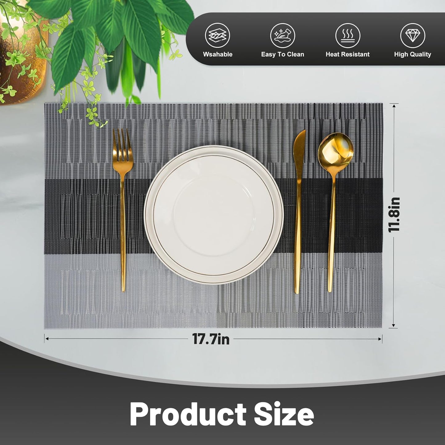 Placemats Set of 12，Non-Slip PVC Weave Table Mats Easy to Clean，Heat Resistant Place Mats for Kitchen Dining Table Decoration Indoor Outdoor，Black Gray