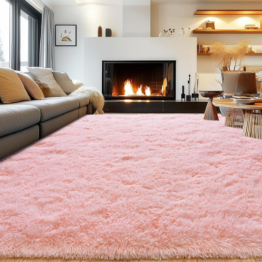 Rezutan Extra Large Fluffy Area Rug for Bedroom Living Room, 9x12 Feet Pink Modern Indoor Carpets Room Colorful Rugs, Plush Indoor Nursery Classroom Home Decor Bedside Rug with Non-Slip Bottom