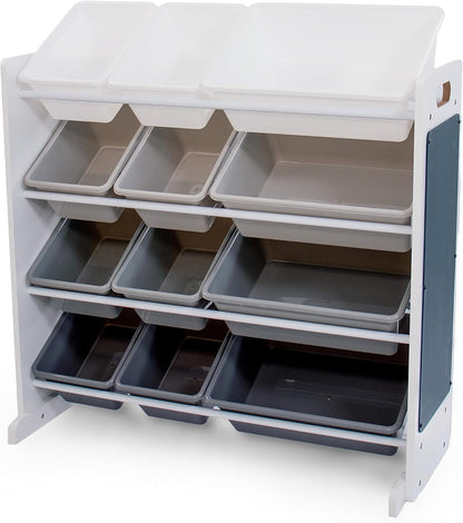 12-Bin Toy Organizer – White/Grey Gradient Ombre Frame with Chalkboard, Eraser & Chalk, Multi-Tier Storage for Kids' Playrooms and Nurseries
