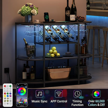 Wine Cabinet Coffee Table with Power Socket and LED Light, Three Tiers Coffee Bar Table Wine Rack Liqour Bar with Large Storage for Home Kitchen (Black)