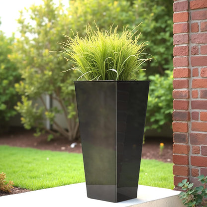 WORTH Garden 25" Large Metal Glazed Planter Set of 2, Luxurious Glossy Finish Black Tall Square Tapered Steel Plant Pots, Decor Flower Pot Indoor & Outdoor, Drainage Hole & Dual-Purpose Plant Saucer