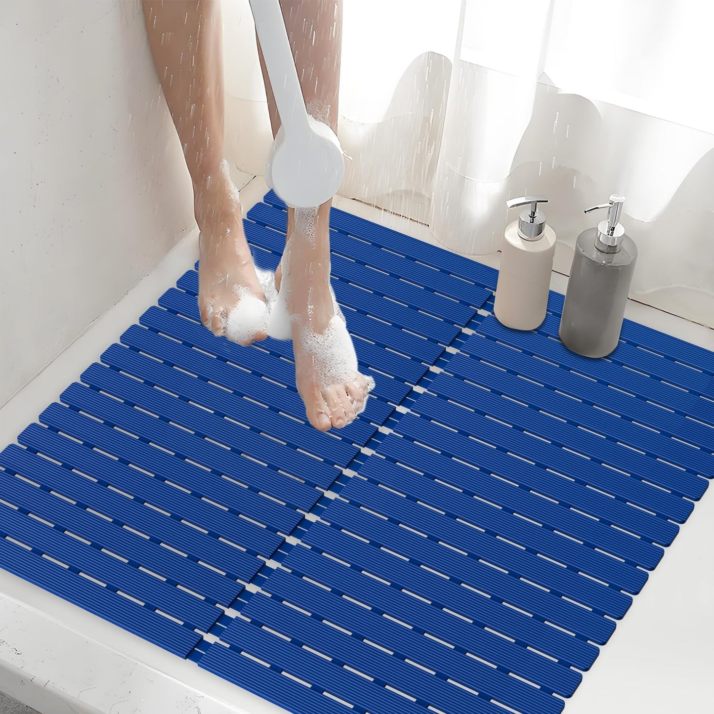 Shower Mat Non-Slip Bath Mat for Tub Floor & Stall with 200+ Suction Cups & Drain Holes, Quick Dry Machine Washable Bathtub Mat, Safe for Elderly& Baby, Bathroom Essentials 24x24 Inch (Blue)