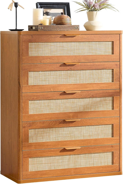 LEYAOYAO Dresser for Bedroom, 41" Tall Chest of Drawers, Modern 5 Drawers Boho Rattan Dressers with Storage, Dresser Wooden Closet Organizer for Living Room, Hallway, Tea Brown