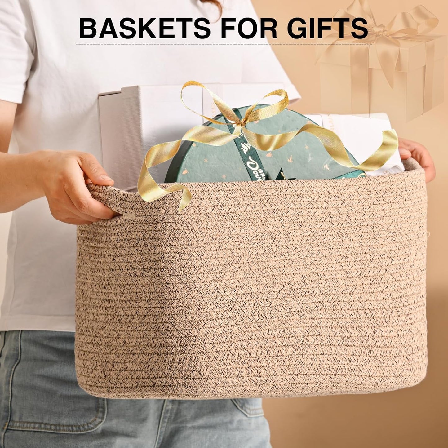 Woven Cotton Rope Storage Basket for Organizing, Cute Decorative Baskets for Gifts Empty, Organizer Bins for Dog Toy, Baby Laundry, 15“×11”×9.5“, Brown
