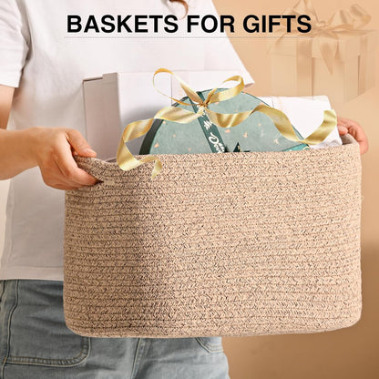 Woven Cotton Rope Storage Basket for Organizing, Cute Decorative Baskets for Gifts Empty, Organizer Bins for Dog Toy, Baby Laundry, 15“×11”×9.5“, Brown