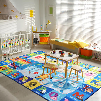 Kids Rugs for Playroom Washable, Educational and Fun Learning Rugs with ABC Alphabet Animals Shapes, Baby Toddler Children's Play Mat for Bedroom Classroom Nursery, 3x5 Feet, Blue