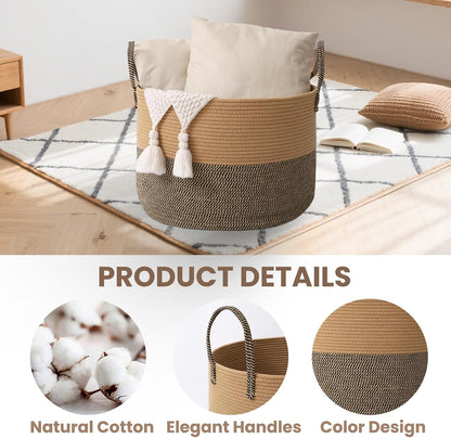 Woven Blanket Basket,115L Large Rope Storage Bin with Handles, Organizer for Blankets Toys Book and Clothes, Laundry Basket for Living Room Bedroom Nursery,Jute&Black