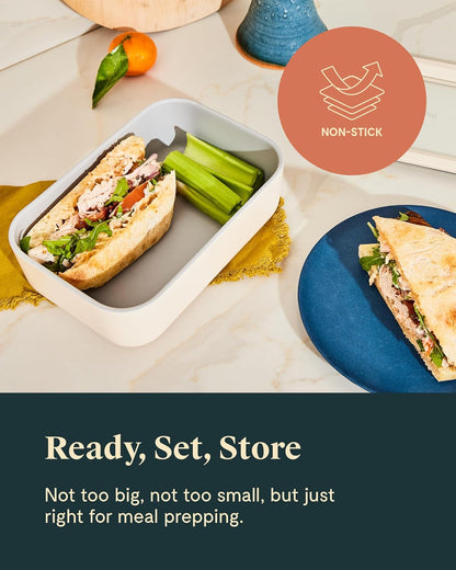 Caraway 6pc Glass Food Storage Set – 6.6 Cup Food Containers (6) - Ceramic Coated - Non Toxic, Non Stick with Lids - Microwave Safe - Sage