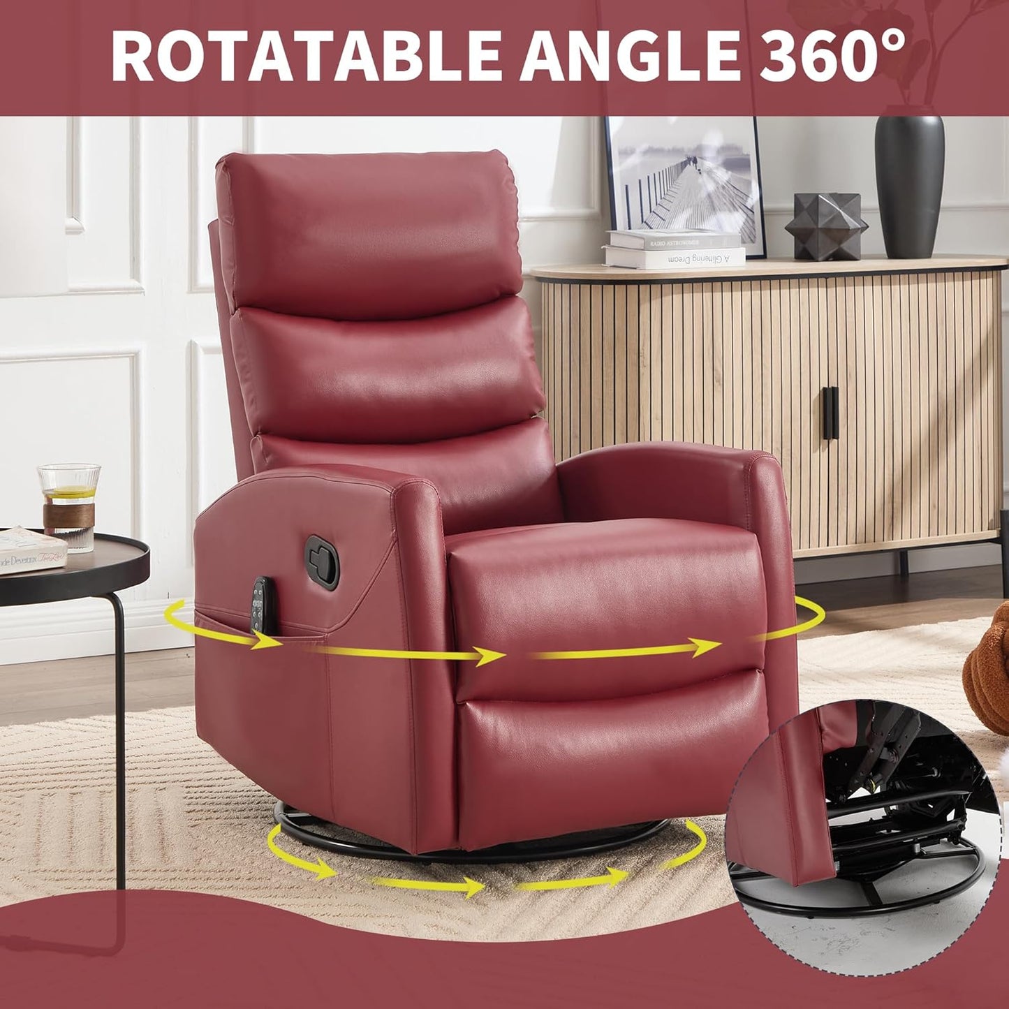 Manual Swivel Rocker Recliner Chair for Adults, Overstuffed Reclining Glider Chair for Nursing with Vibration Massage & Heat, Living Room Rocking Recliner 3-Stage backrest, Faux Leather Red