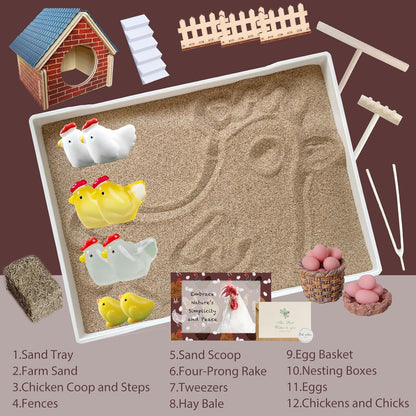 Threeheng Chicken Zen Garden Kit - Sand Tray Therapy Kit with Miniature Chicken Coop, Hen Figurines, and Accessories - Desk Sand Box for Meditation and Stress Relief - Fun Gift
